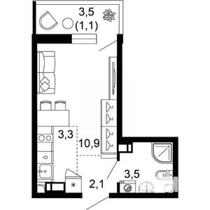 1-к квартира, вторичка, 21м2, 2/12 этаж