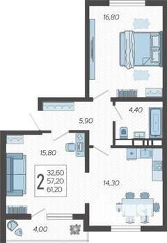 2-к квартира, строящийся дом, 61м2, 2/10 этаж
