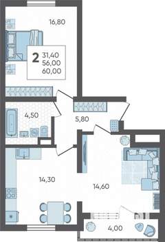 2-к квартира, вторичка, 60м2, 4/16 этаж