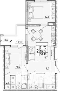2-к квартира, вторичка, 58м2, 4/17 этаж