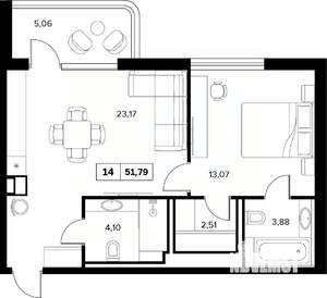 2-к квартира, вторичка, 52м2, 6/16 этаж