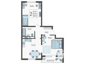 2-к квартира, строящийся дом, 60м2, 4/16 этаж