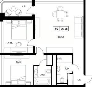 3-к квартира, строящийся дом, 67м2, 2/16 этаж