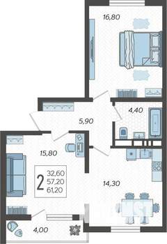 2-к квартира, строящийся дом, 61м2, 4/10 этаж