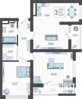 3-к квартира, строящийся дом, 67м2, 5/19 этаж