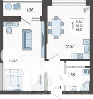 1-к квартира, строящийся дом, 38м2, 4/19 этаж