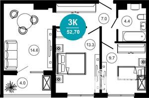 3-к квартира, строящийся дом, 54м2, 5/10 этаж