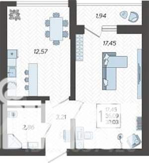 1-к квартира, строящийся дом, 38м2, 14/19 этаж