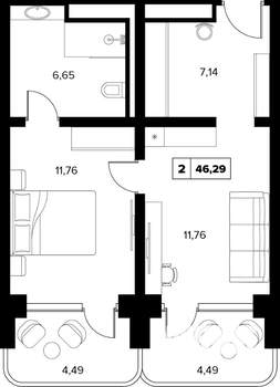 2-к квартира, вторичка, 46м2, 9/16 этаж