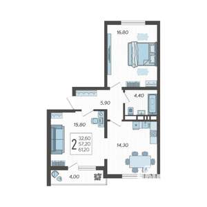 2-к квартира, строящийся дом, 61м2, 2/10 этаж