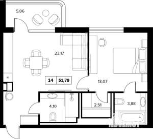 2-к квартира, строящийся дом, 52м2, 6/6 этаж