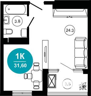1-к квартира, строящийся дом, 32м2, 6/10 этаж