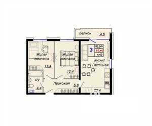 2-к квартира, вторичка, 60м2, 7/16 этаж