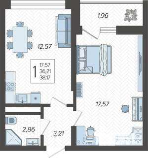 1-к квартира, строящийся дом, 39м2, 4/19 этаж