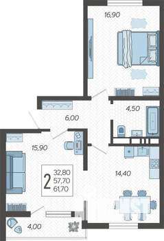 2-к квартира, строящийся дом, 62м2, 10/10 этаж