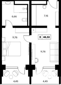 2-к квартира, вторичка, 46м2, 15/16 этаж