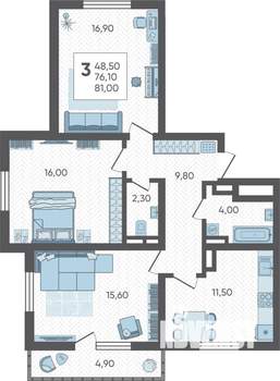 3-к квартира, строящийся дом, 81м2, 12/16 этаж