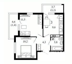 2-к квартира, вторичка, 42м2, 10/17 этаж