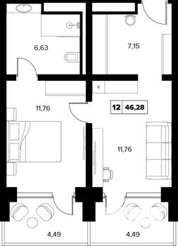 2-к квартира, вторичка, 46м2, 8/16 этаж