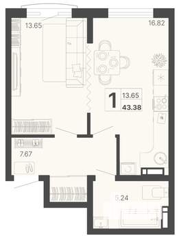 1-к квартира, вторичка, 43м2, 4/20 этаж