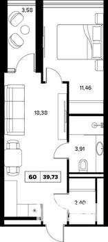 2-к квартира, строящийся дом, 40м2, 6/16 этаж