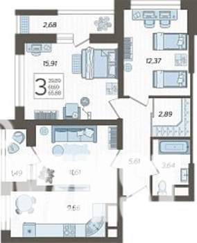 3-к квартира, строящийся дом, 68м2, 3/19 этаж