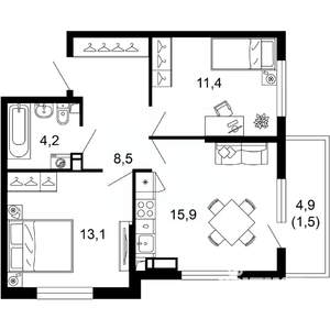 2-к квартира, вторичка, 55м2, 6/17 этаж