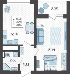 1-к квартира, строящийся дом, 39м2, 17/19 этаж
