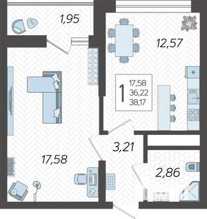 1-к квартира, строящийся дом, 38м2, 9/19 этаж