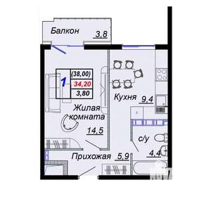 1-к квартира, вторичка, 38м2, 13/15 этаж