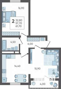 2-к квартира, строящийся дом, 62м2, 10/10 этаж