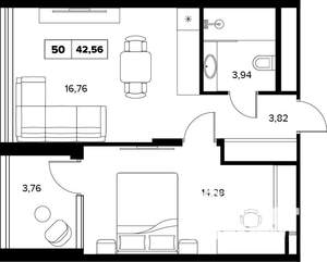 2-к квартира, вторичка, 43м2, 6/16 этаж