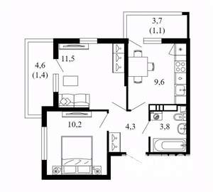 2-к квартира, вторичка, 42м2, 11/17 этаж