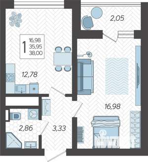 1-к квартира, строящийся дом, 39м2, 18/19 этаж