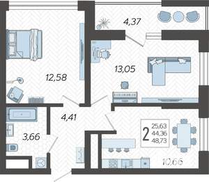 2-к квартира, строящийся дом, 49м2, 5/19 этаж