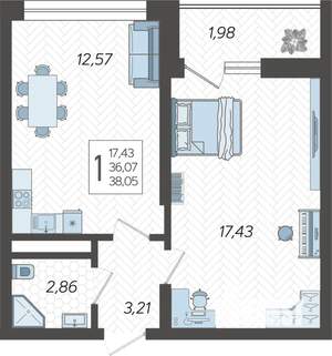 1-к квартира, строящийся дом, 38м2, 13/19 этаж