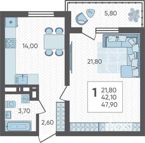 1-к квартира, строящийся дом, 48м2, 6/16 этаж