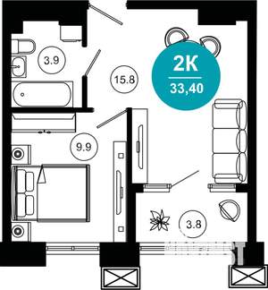 2-к квартира, строящийся дом, 34м2, 4/10 этаж