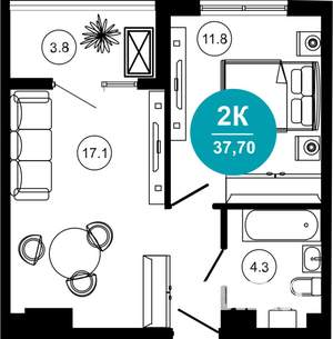 2-к квартира, строящийся дом, 38м2, 6/10 этаж