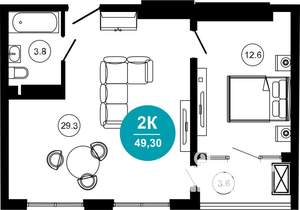 2-к квартира, строящийся дом, 50м2, 7/10 этаж