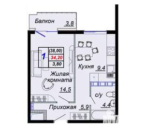 1-к квартира, вторичка, 38м2, 14/15 этаж