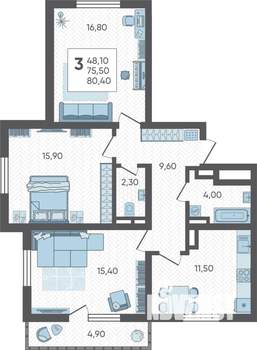 3-к квартира, строящийся дом, 80м2, 5/16 этаж