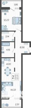 2-к квартира, строящийся дом, 51м2, 3/19 этаж