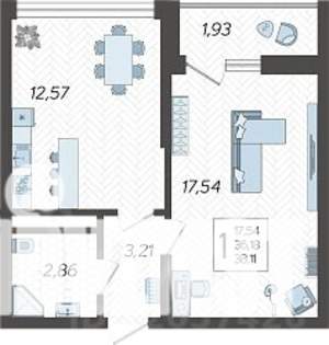 1-к квартира, строящийся дом, 38м2, 12/19 этаж