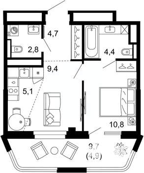 1-к квартира, вторичка, 42м2, 2/6 этаж
