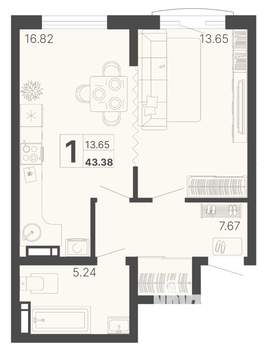 1-к квартира, строящийся дом, 43м2, 5/20 этаж