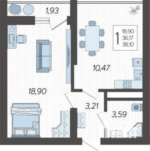 1-к квартира, строящийся дом, 39м2, 12/19 этаж