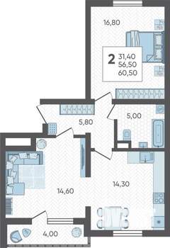 2-к квартира, строящийся дом, 61м2, 1/16 этаж