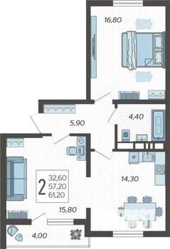 2-к квартира, строящийся дом, 61м2, 2/10 этаж