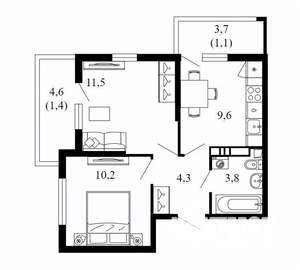 2-к квартира, вторичка, 42м2, 3/17 этаж